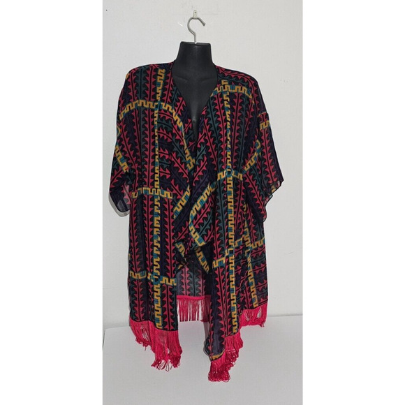 LuLaRoe Monroe Cardigan Kimono Red Fringe, Geometric Print Women's Sz Large - Picture 1 of 5